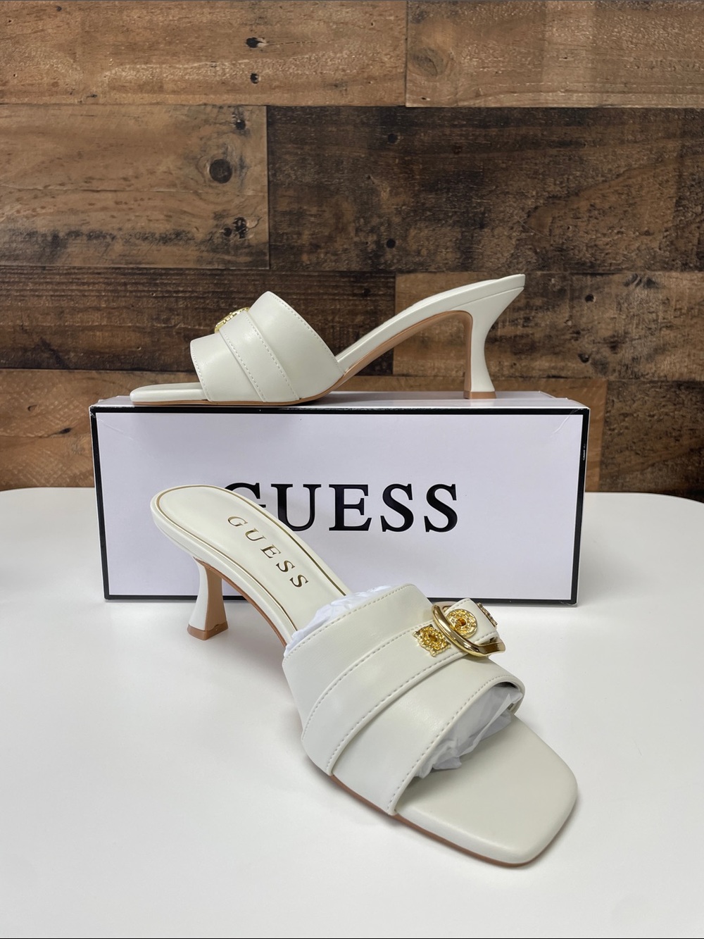GUESS Cream Leather Mid-Heel Slide Mules with Gold Buckle